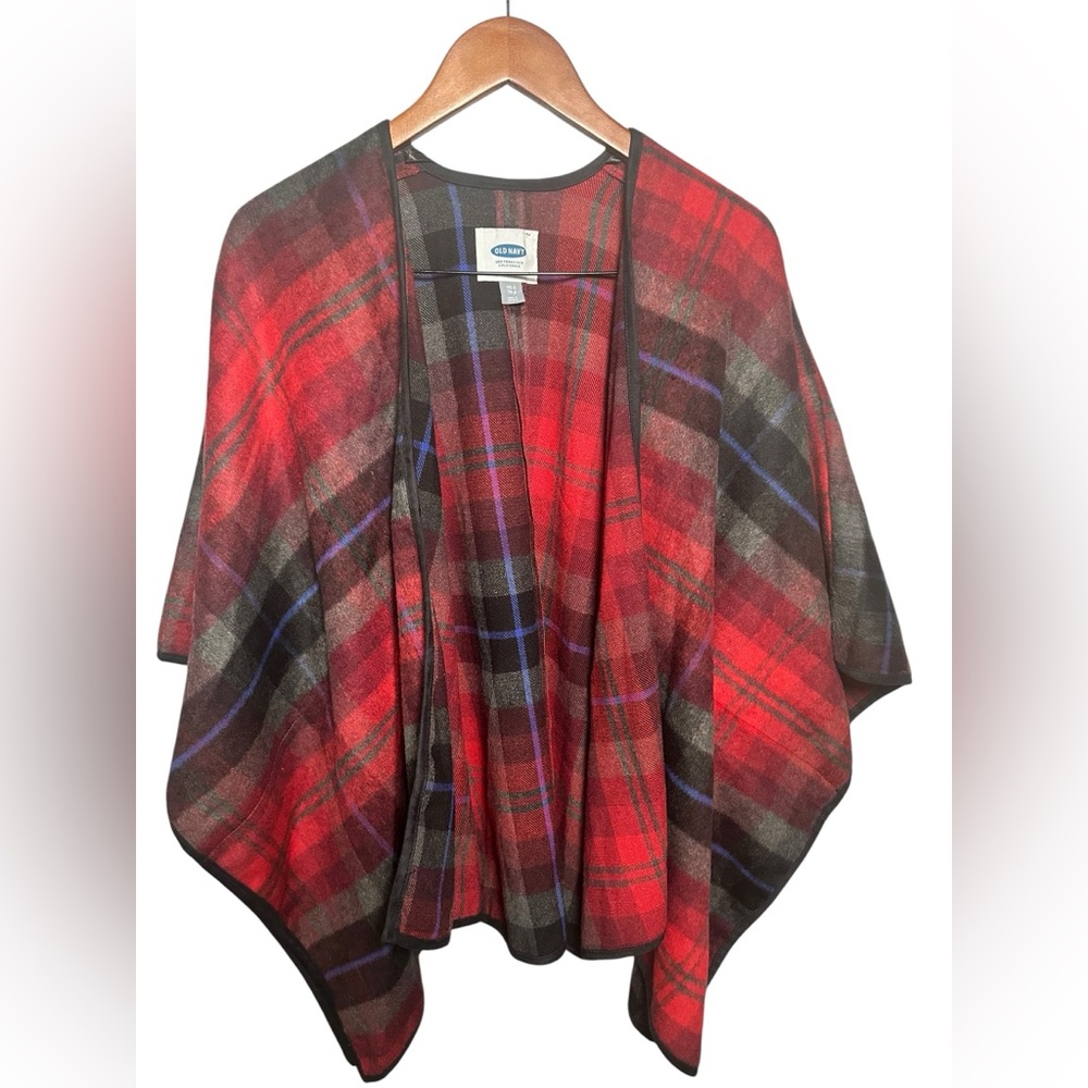 Old Navy Red and Black Plaid Cape Poncho XS